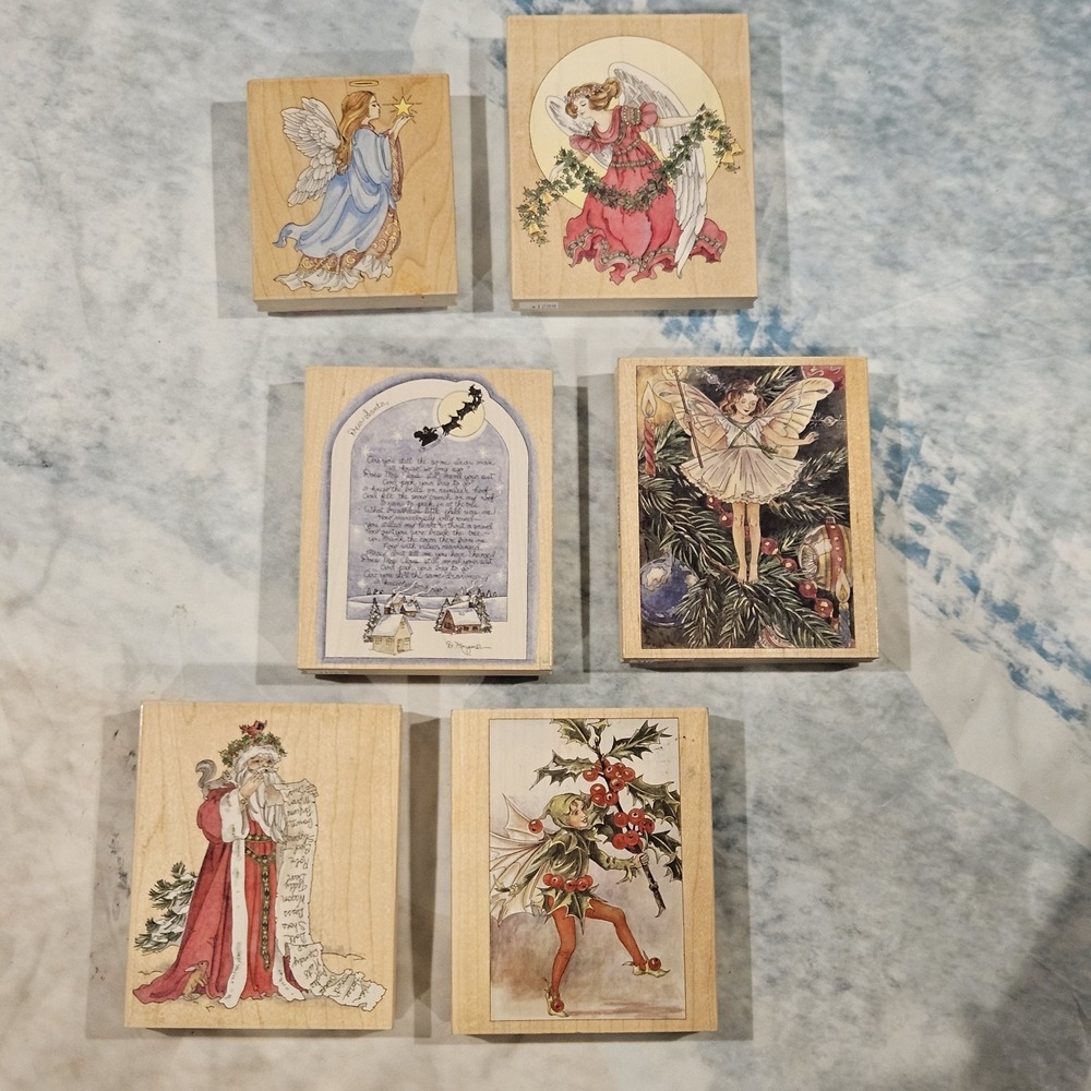 Vintage Angel Christmas Rubber Stamp Lot Wood Mounted‎ Holiday Craft Card Making